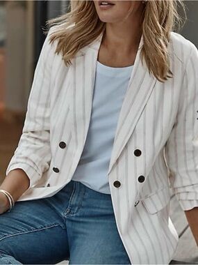 J.Jill Striped Linen Blend Double-Breasted Blazer sz XL